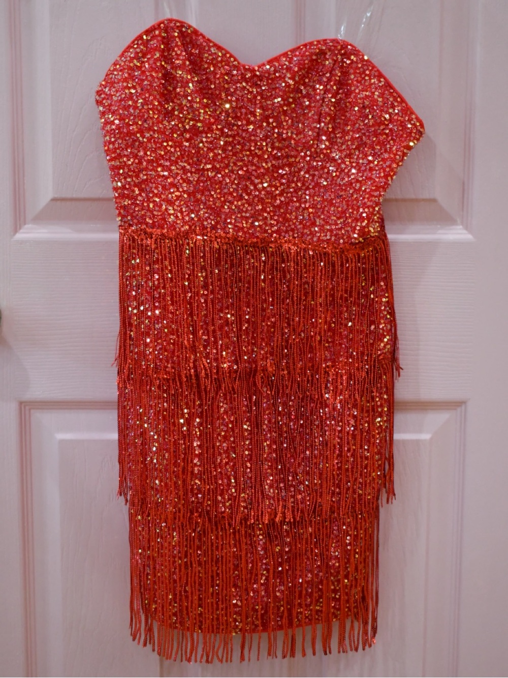 Strapless Red Sequin Fringe Mini Dress